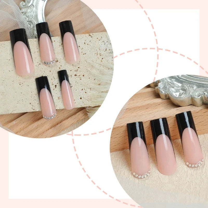 Press-On Nail Set French Tips & Glitter Long-Lasting Wear
