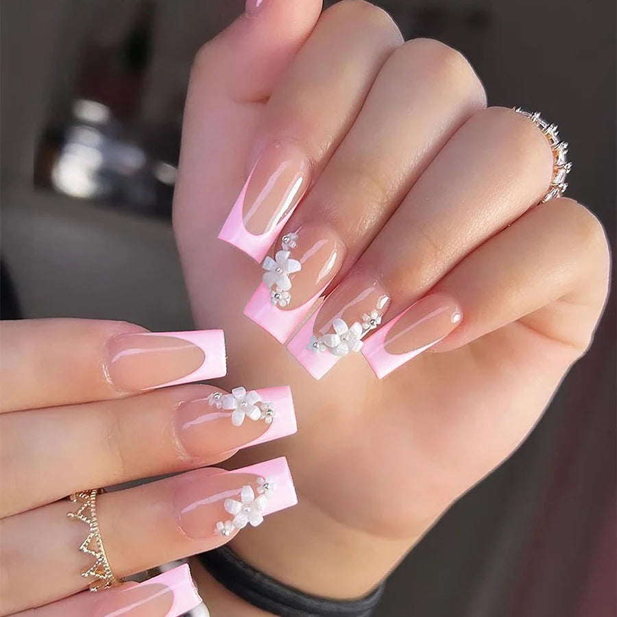 Press-On Nail Set French Tips & Hand-Drawn Floral 24-Piece
