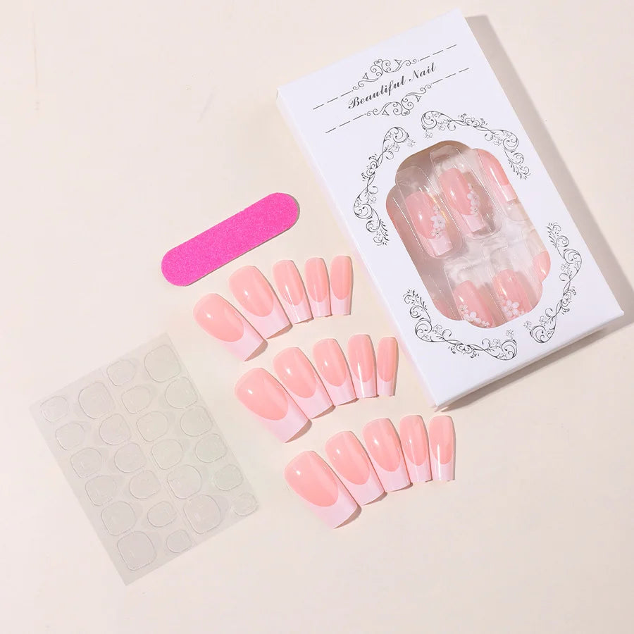 Press-On Nail Set French Tips & Hand-Drawn Floral 24-Piece
