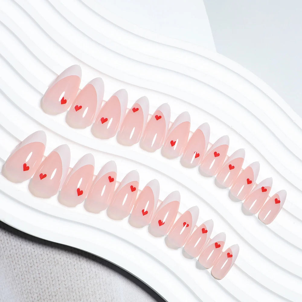 Press-On Nail Set French Tips Red Hearts 24 Piece