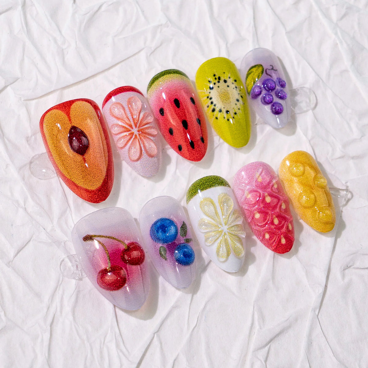 Press-On Nail Set Fruit Designs Reusable Glue Included