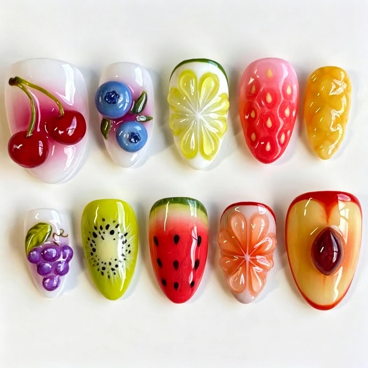Press-On Nail Set Fruit Designs Reusable Glue Included