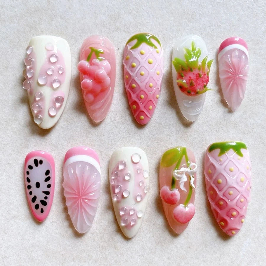 Press-On Nail Set Fruit-Inspired Peel & Stick Long-Lasting
