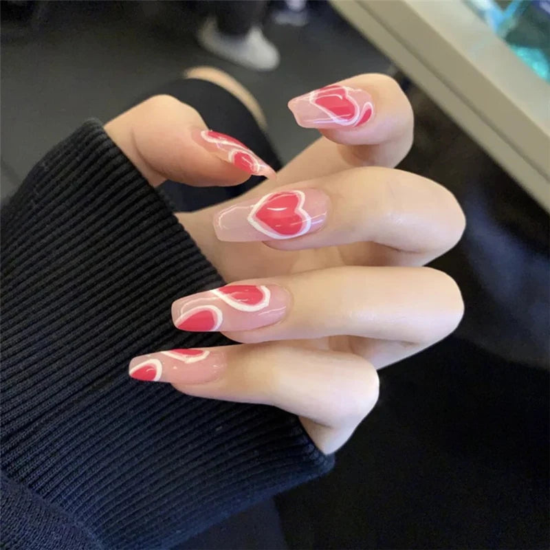 Press-On Nail Set Fuchsia Heart Design Glue-On