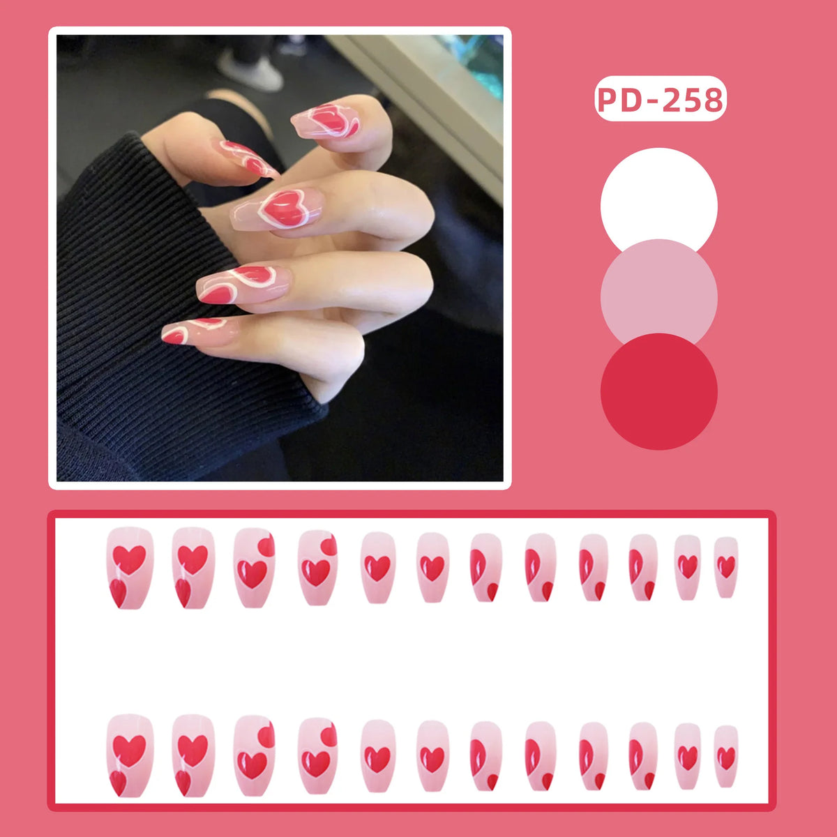 Press-On Nail Set Fuchsia Heart Design Glue-On