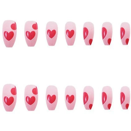 Press-On Nail Set Fuchsia Heart Design Glue-On