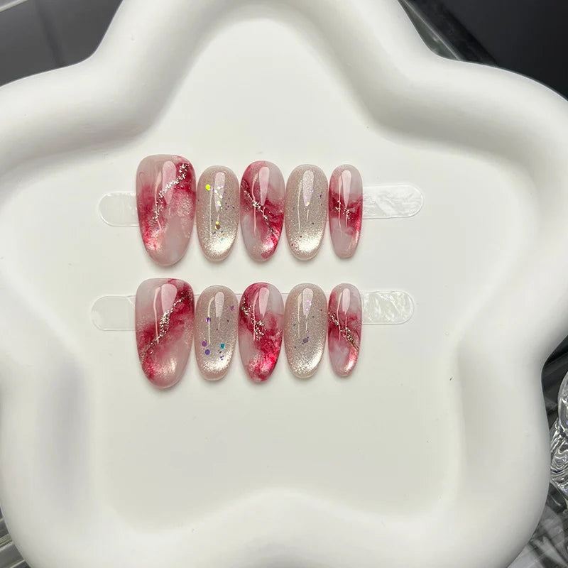 Press-On Nail Set Gel Marble Oval Peel-And-Stick