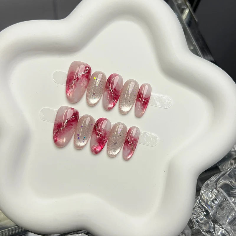 Press-On Nail Set Gel Marble Oval Peel-And-Stick
