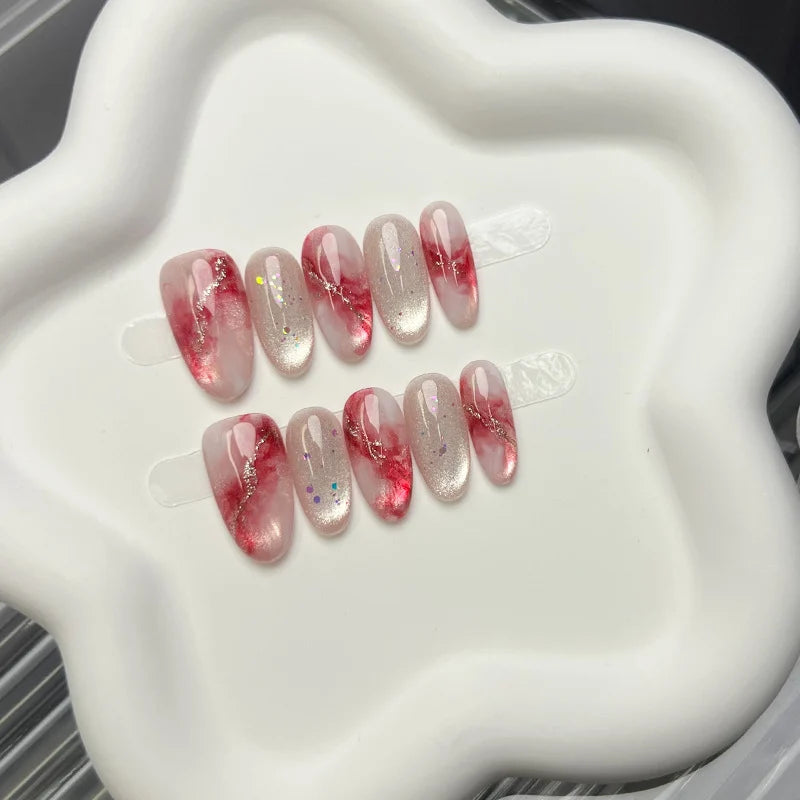 Press-On Nail Set Gel Marble Oval Peel-And-Stick