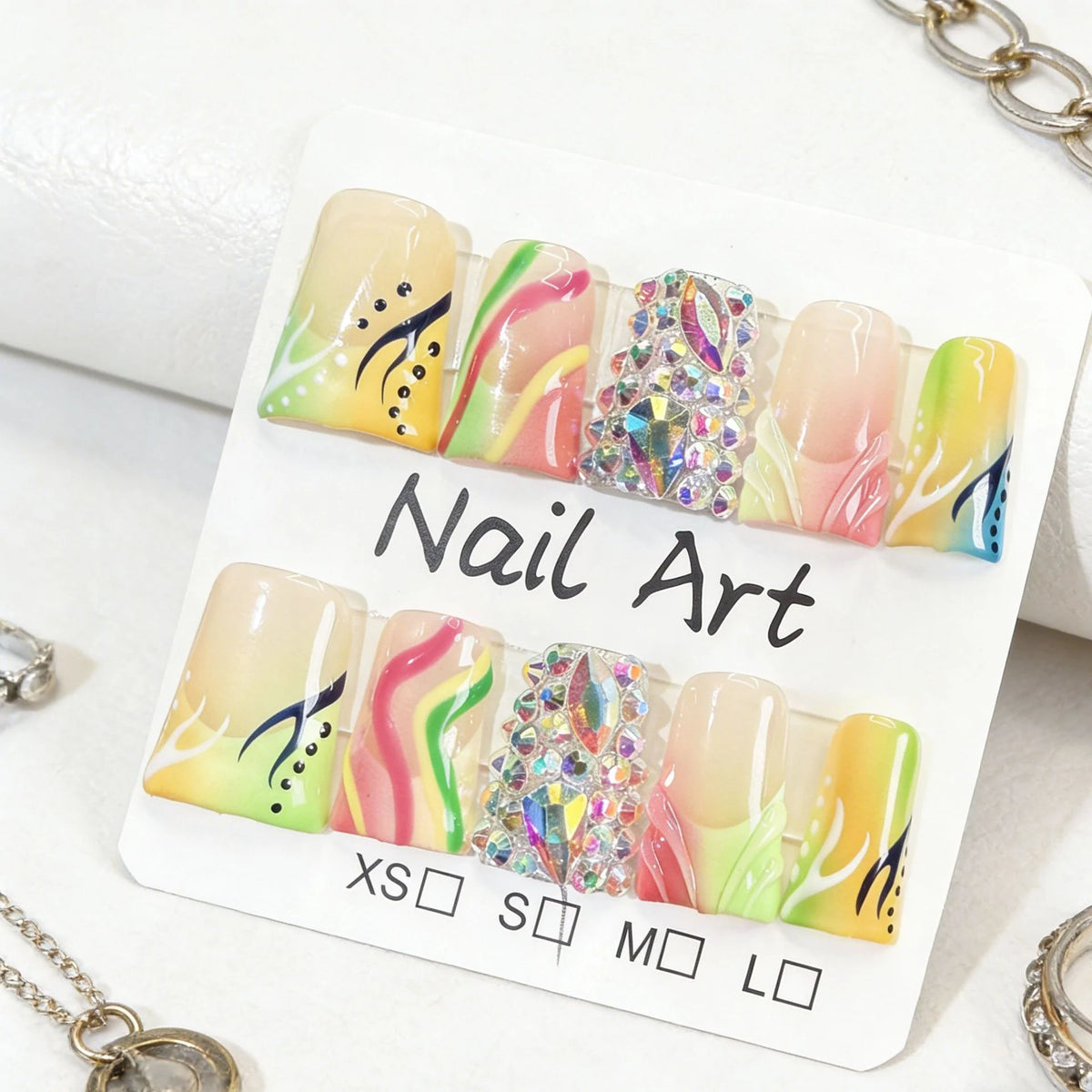 Press-On Nail Set Gem-Accented Floral Adhesive-Backed