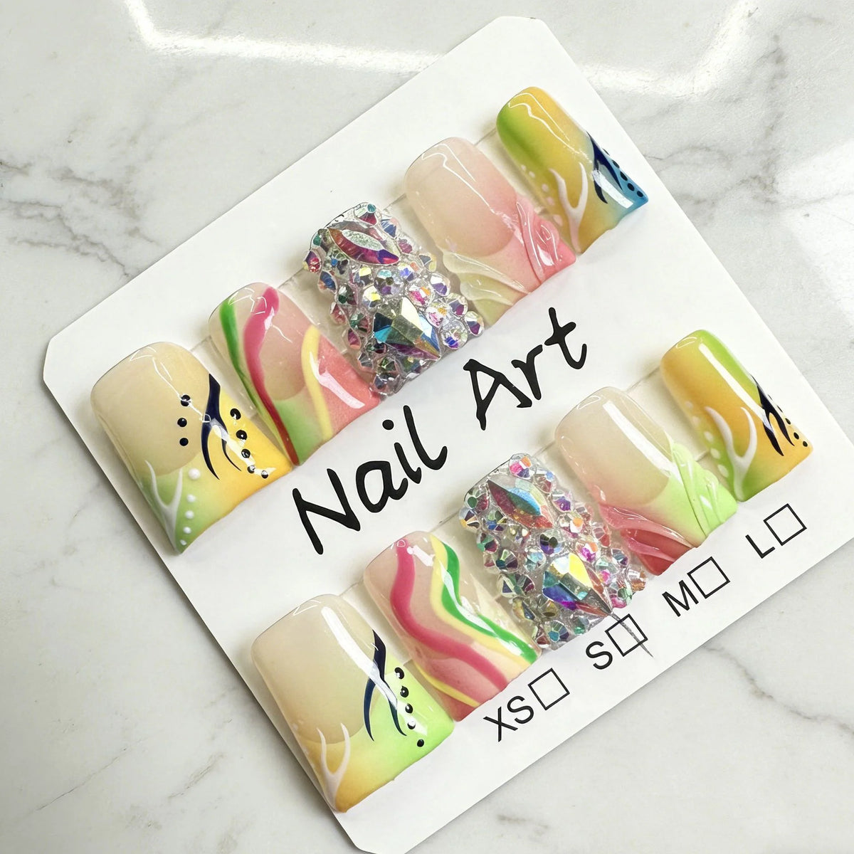 Press-On Nail Set Gem-Accented Floral Adhesive-Backed
