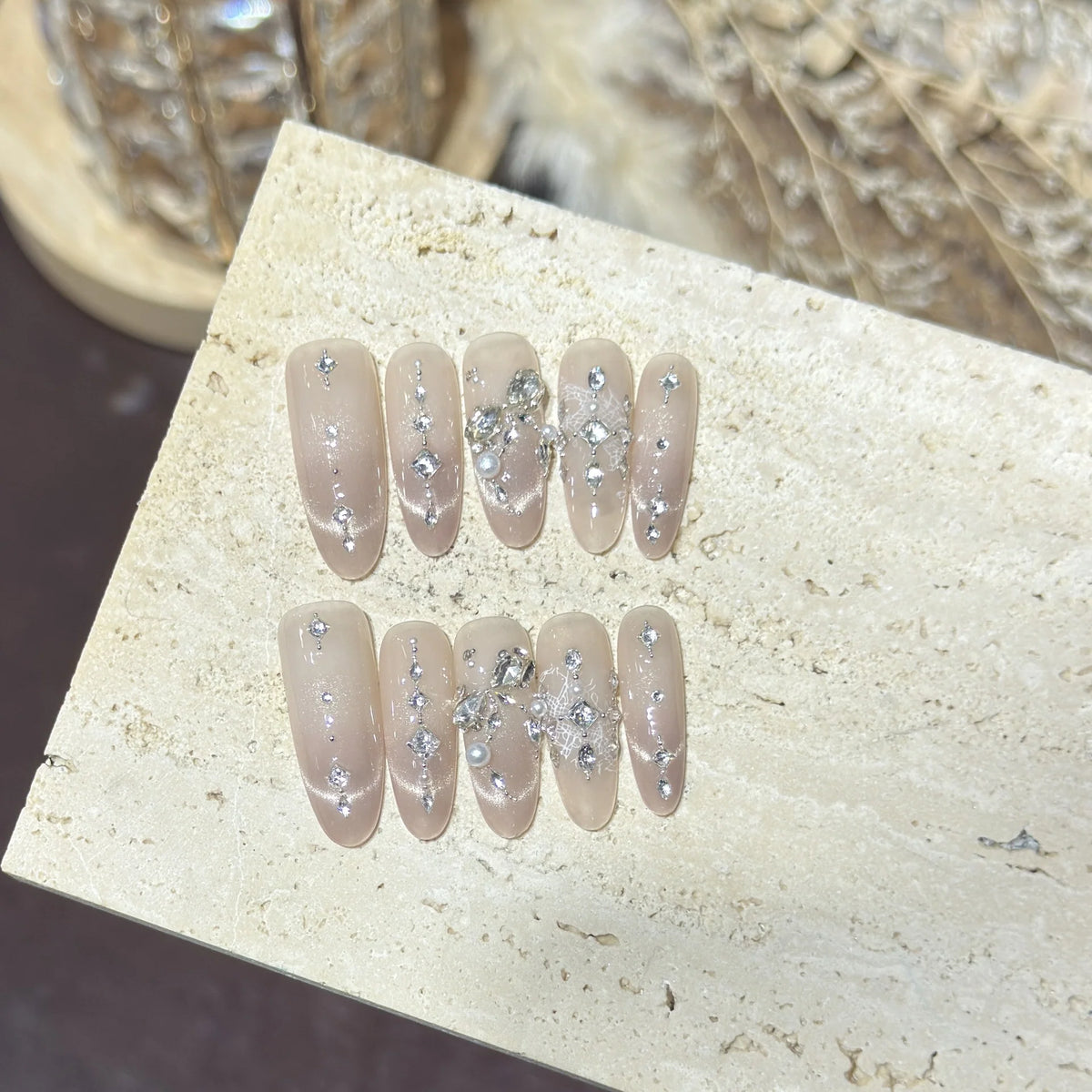 Press-On Nail Set Gem-Studded Oval Salon-Quality