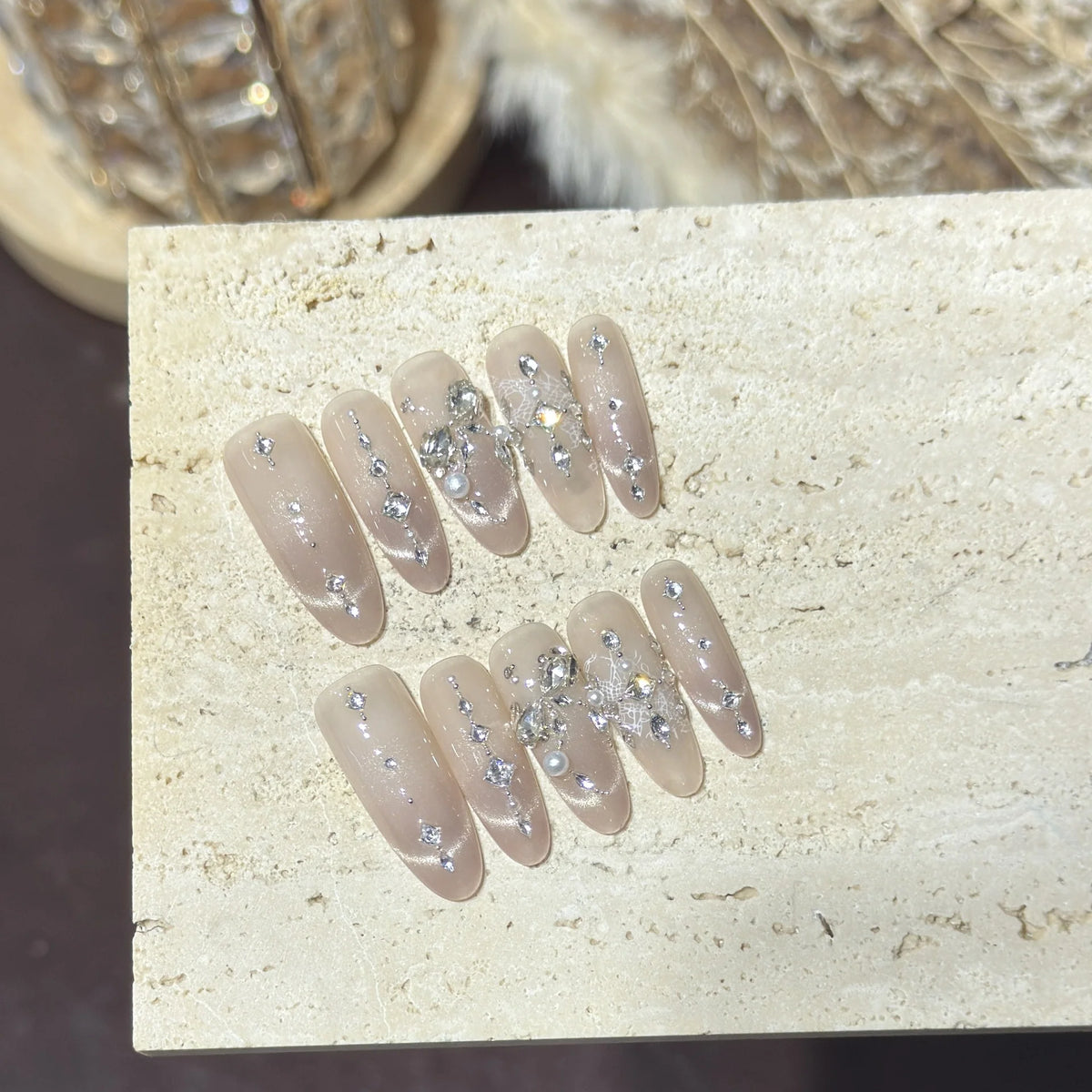 Press-On Nail Set Gem-Studded Oval Salon-Quality
