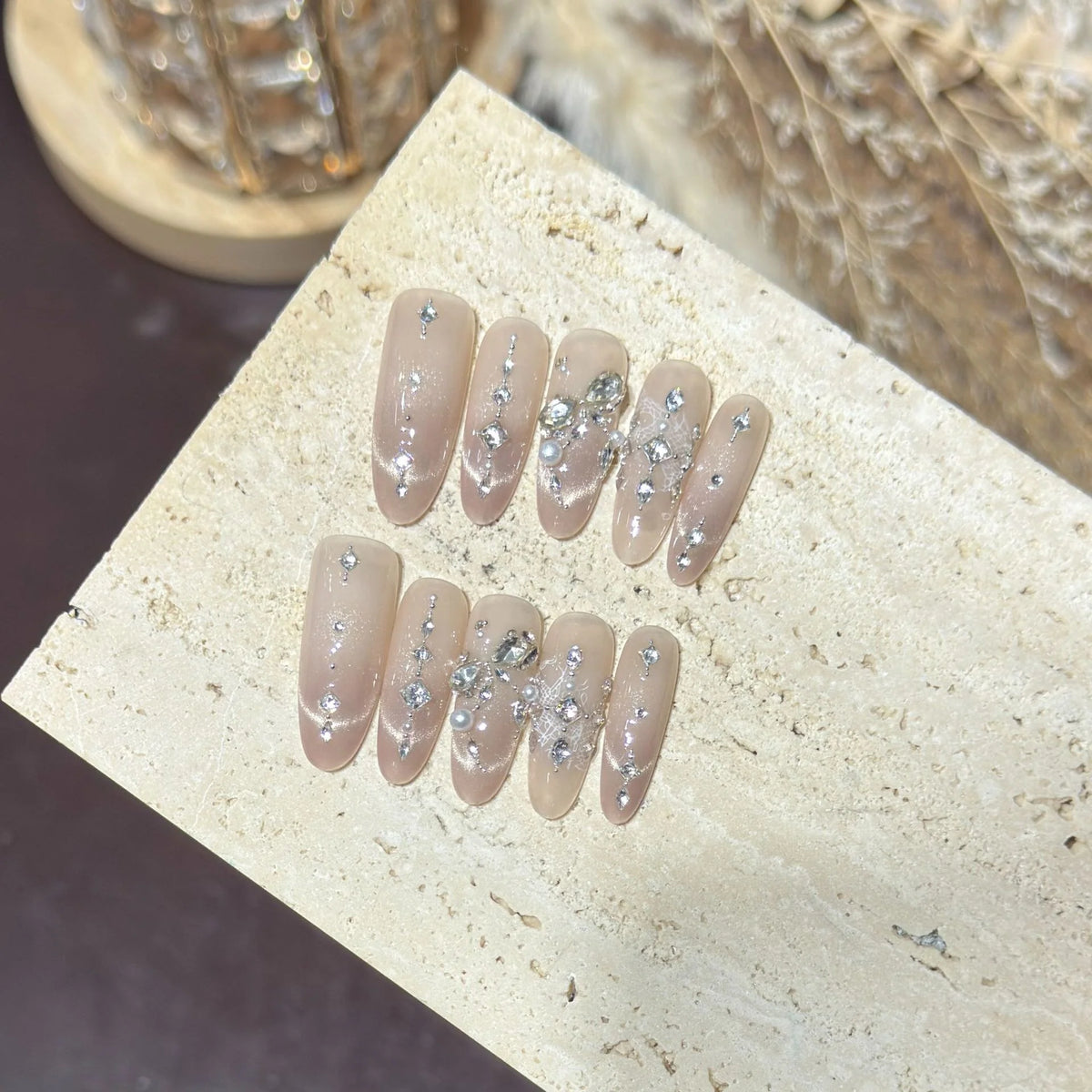 Press-On Nail Set Gem-Studded Oval Salon-Quality
