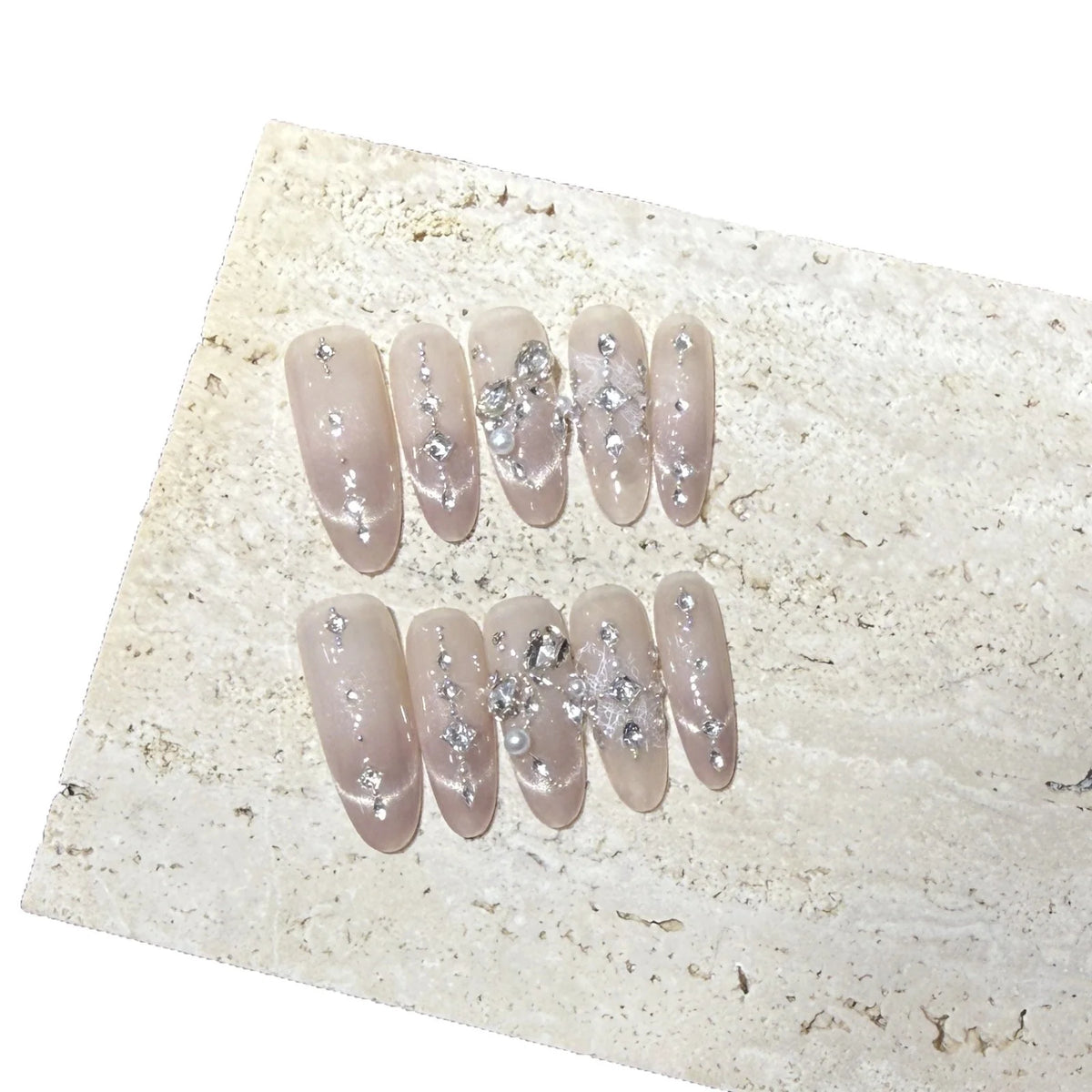 Press-On Nail Set Gem-Studded Oval Salon-Quality