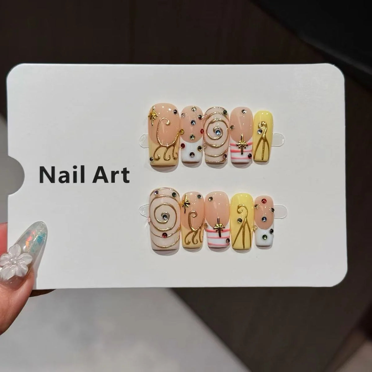 Press-On Nail Set Gem & Swirl Peel-And-Press Reusable