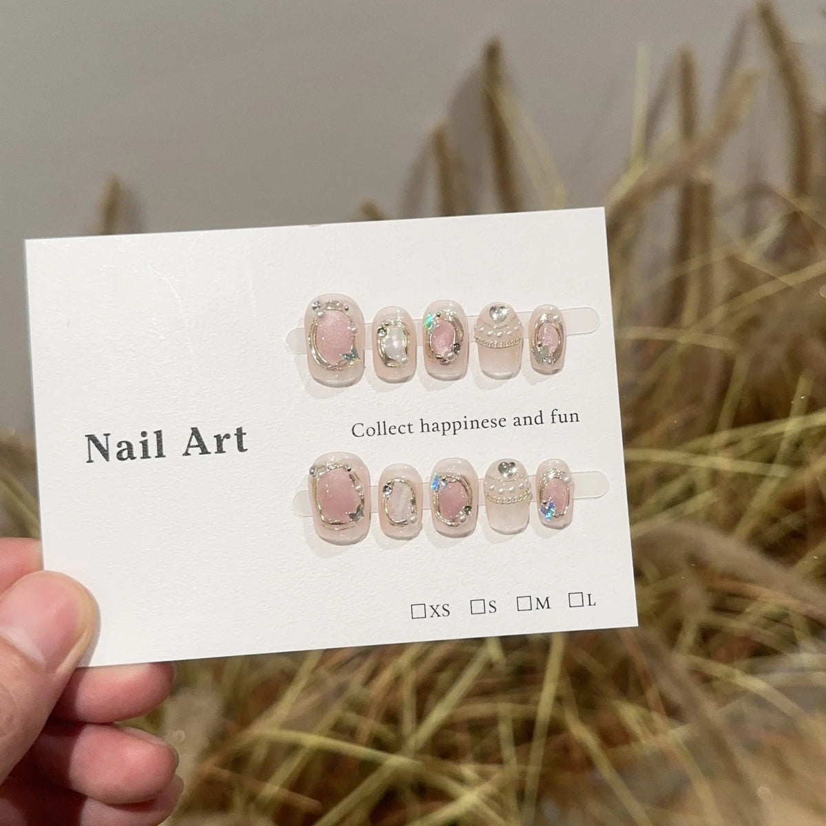 Press-On Nail Set Gemstone-Embellished Reusable S M L