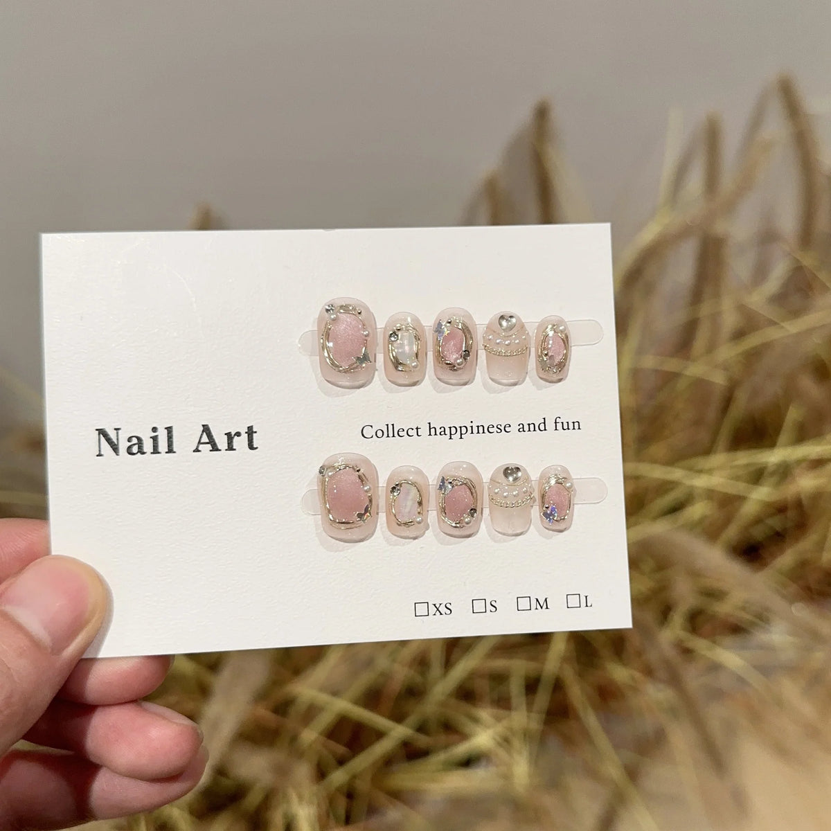 Press-On Nail Set Gemstone-Embellished Reusable S M L