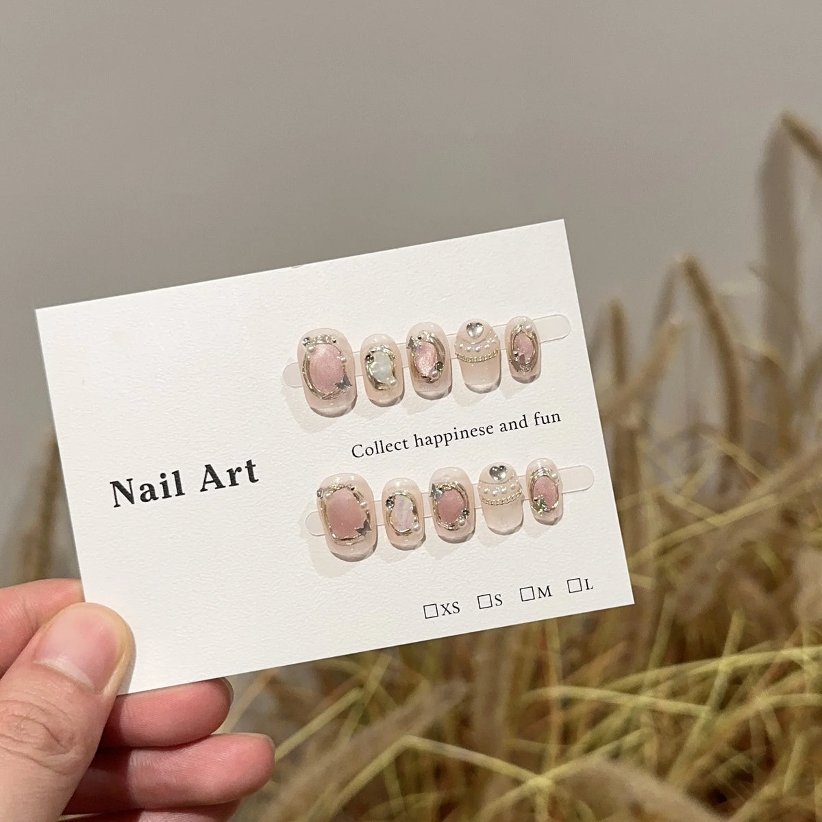 Press-On Nail Set Gemstone-Embellished Reusable S M L