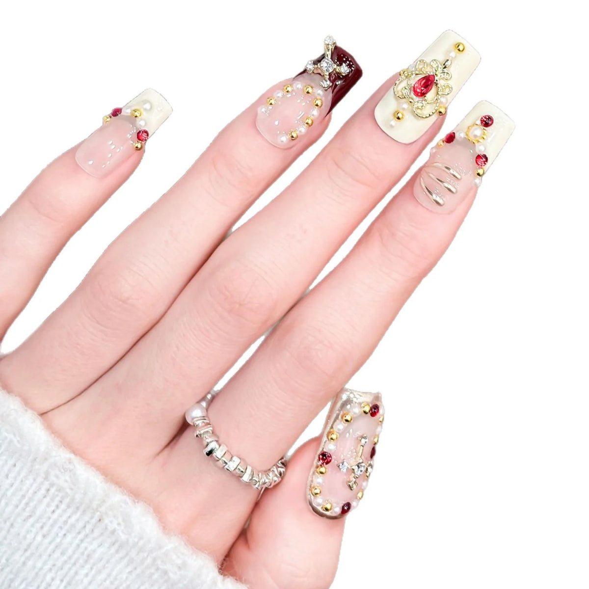 Press-On Nail Set Gemstone Embellished Strong Adhesive & Reusable
