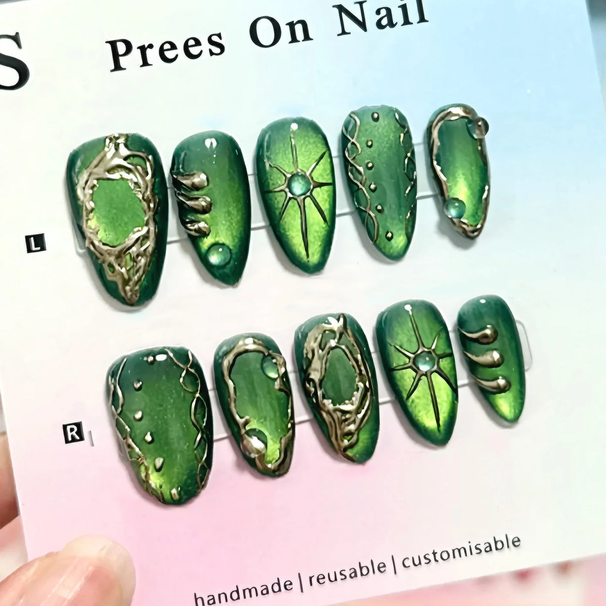Press-On Nail Set Geometric Metal Accents Handmade & Reusable