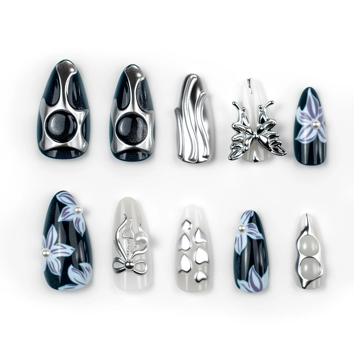 Press-On Nail Set Geometric Metallic Adhesive-Backed