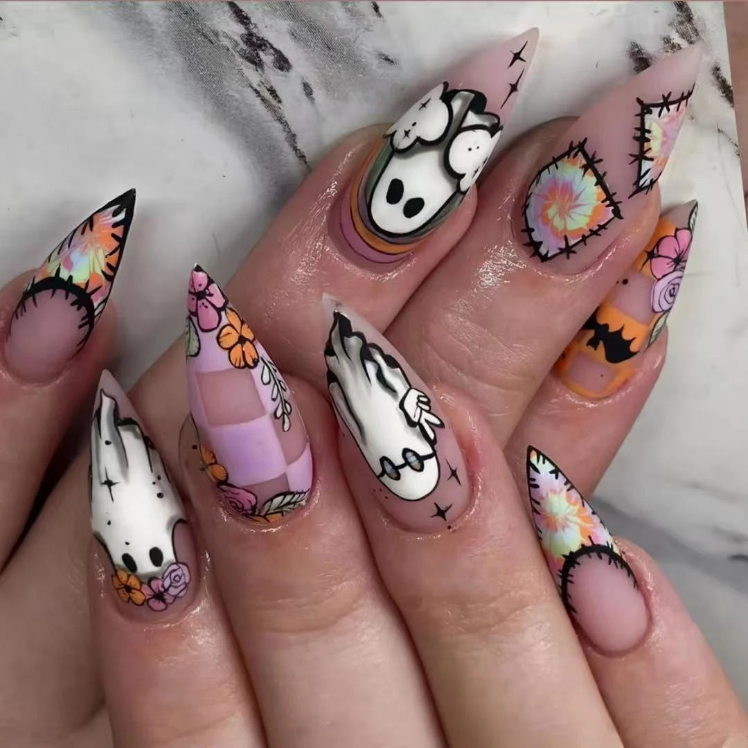 Press-On Nail Set Ghost & Pumpkin Designs