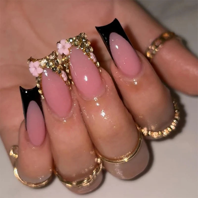 Press-On Nail Set Glamorous Nude & Black Adhesive Included