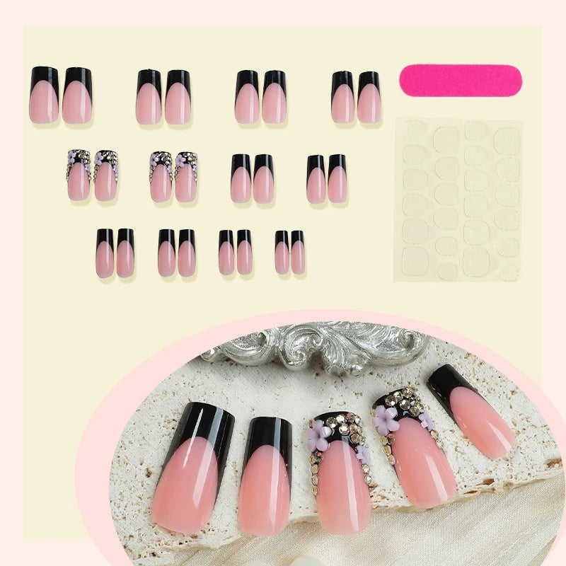 Press-On Nail Set Glamorous Nude & Black Adhesive Included