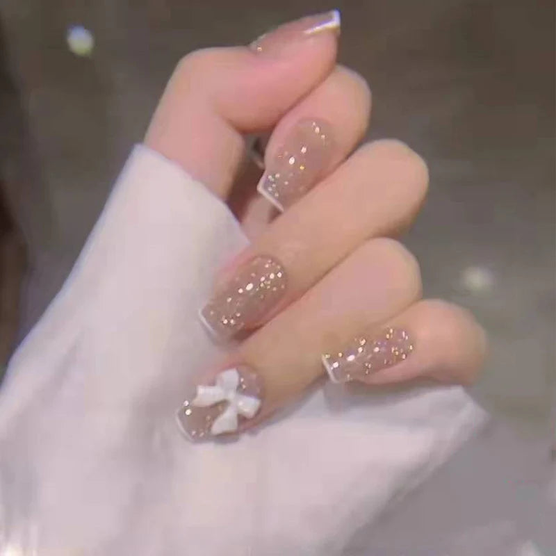 Press-On Nail Set Glitter Finish Bow Accents Peel-And-Press