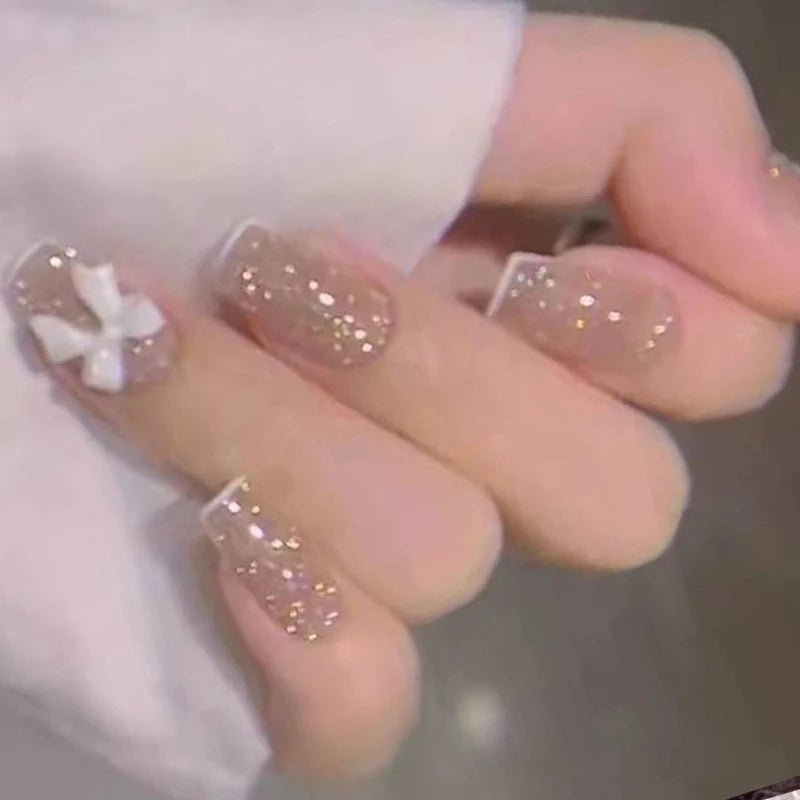 Press-On Nail Set Glitter Finish Bow Accents Peel-And-Press
