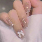 Press-On Nail Set Glitter Finish Bow Accents Peel-And-Press