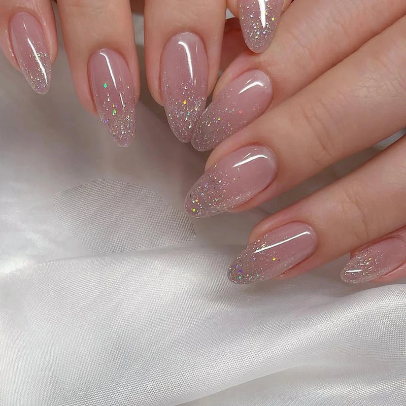 Press-On Nail Set Glitter Finish Pre-Applied Adhesive & Reusable
