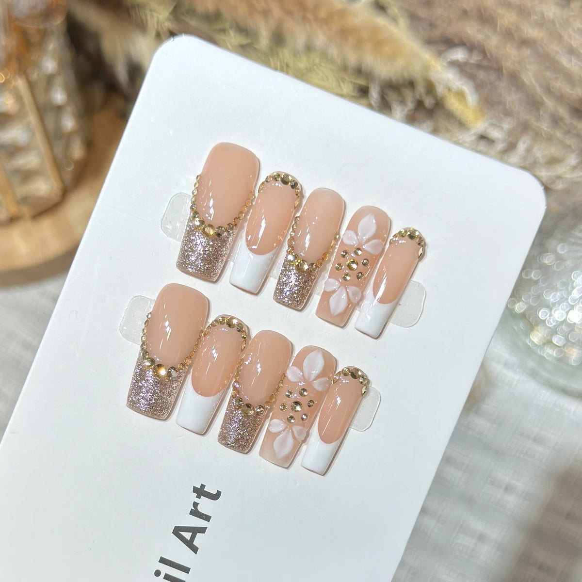 Press-On Nail Set Glitter & Floral Quick Application