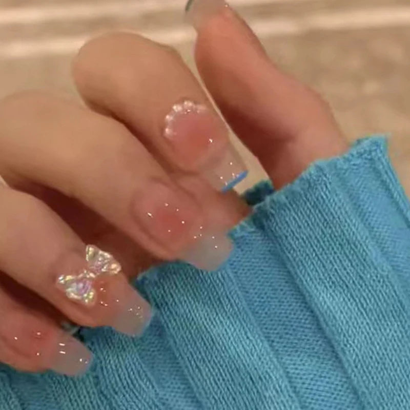 Press-On Nail Set Glitter French Tip Reusable