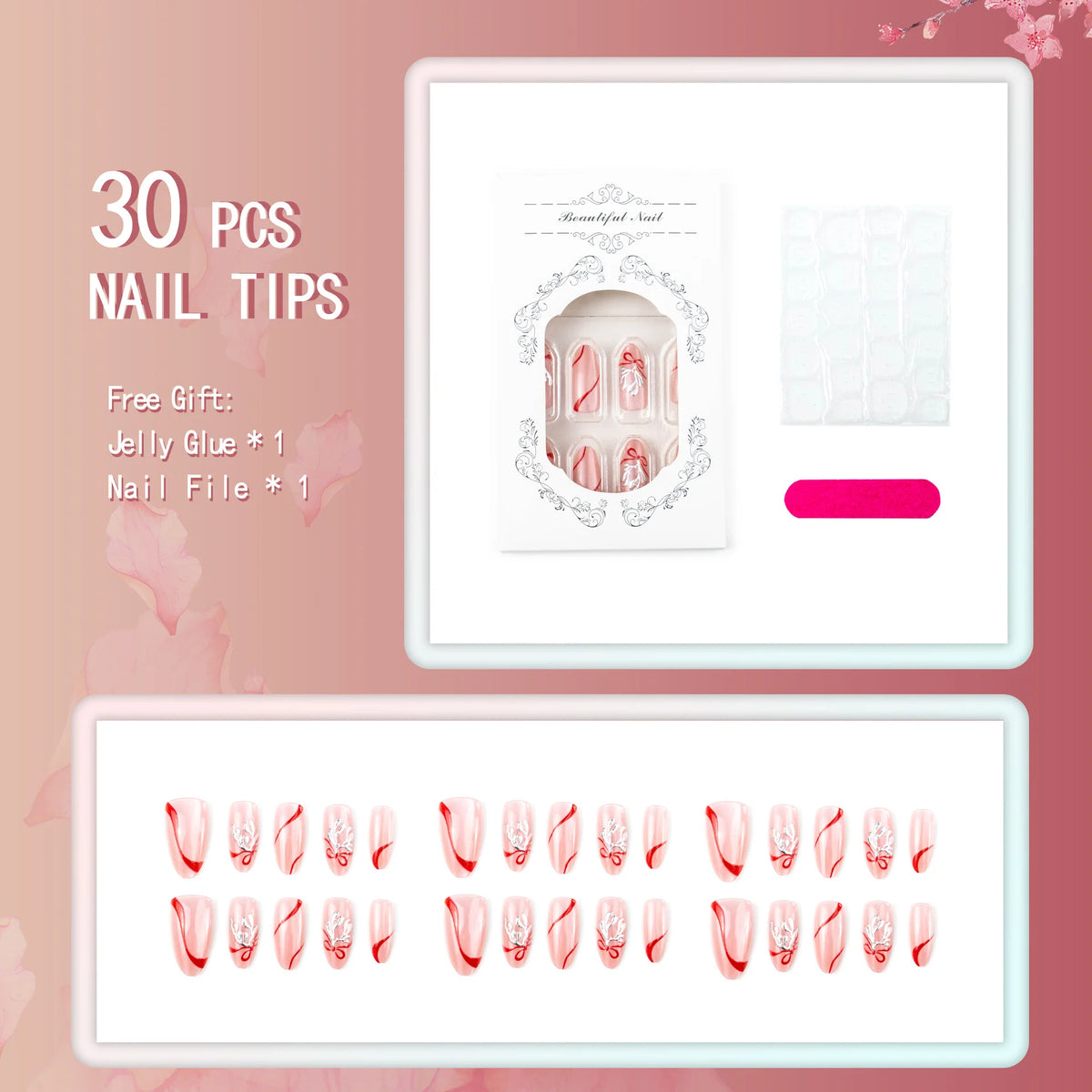 Press-On Nail Set Glitter Ribbon & Easy Application