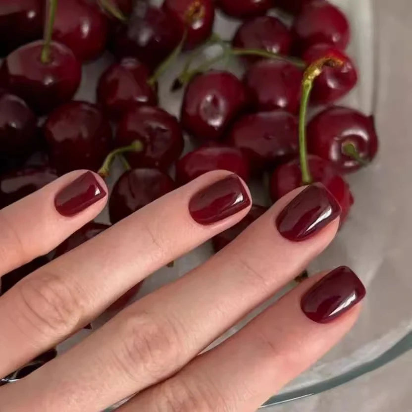 Press-On Nail Set Glossy Burgundy 24-Piece Reusable