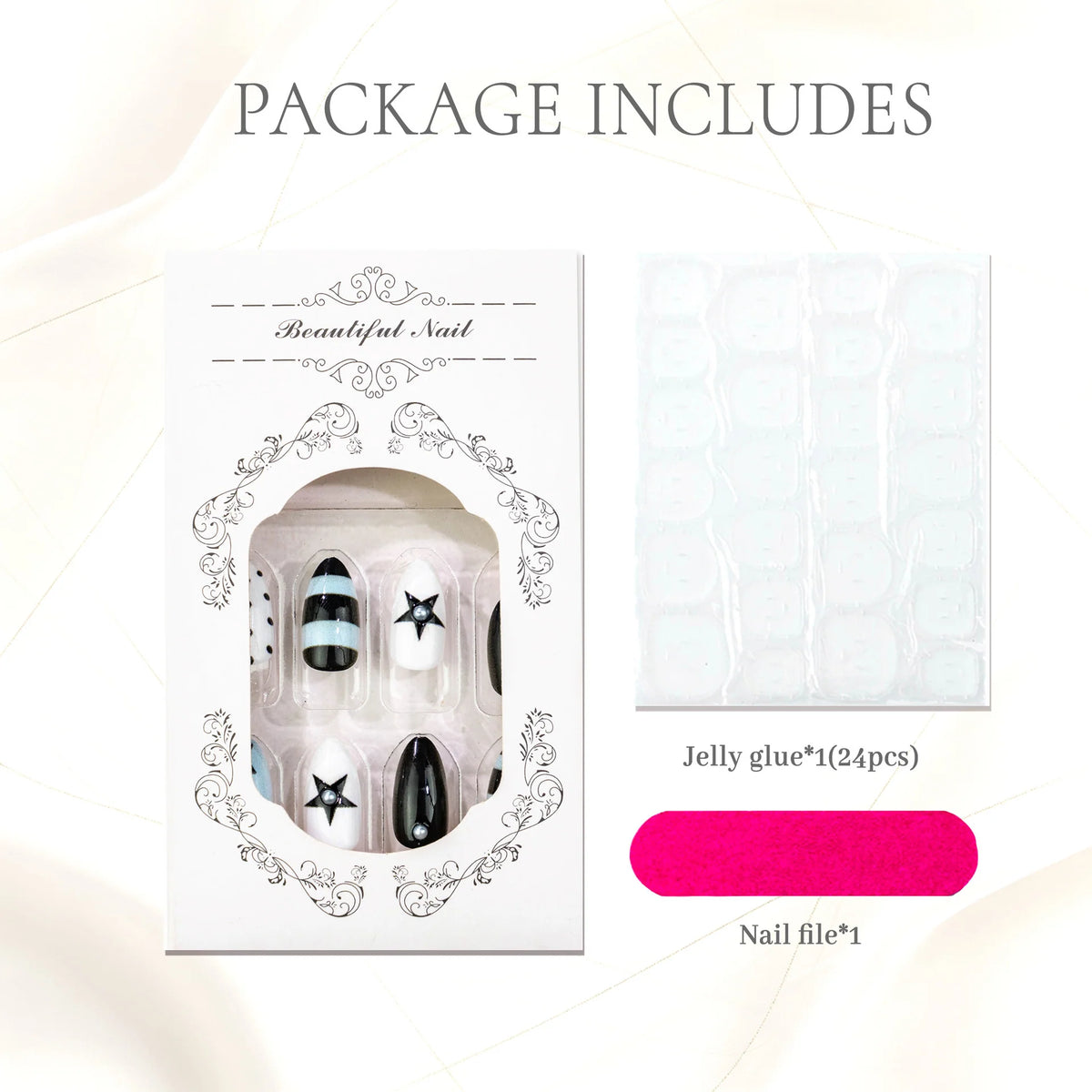 Press-On Nail Set Glossy Gel Finish 24 Pieces