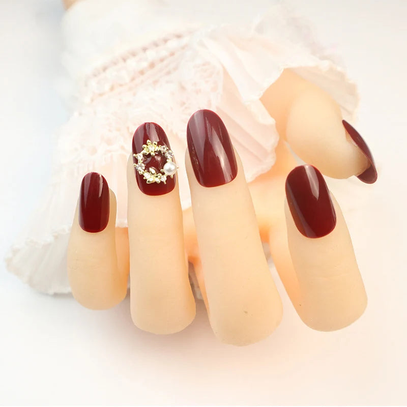 Press-On Nail Set Glossy Red Pearl Accents Pre-Applied Adhesive