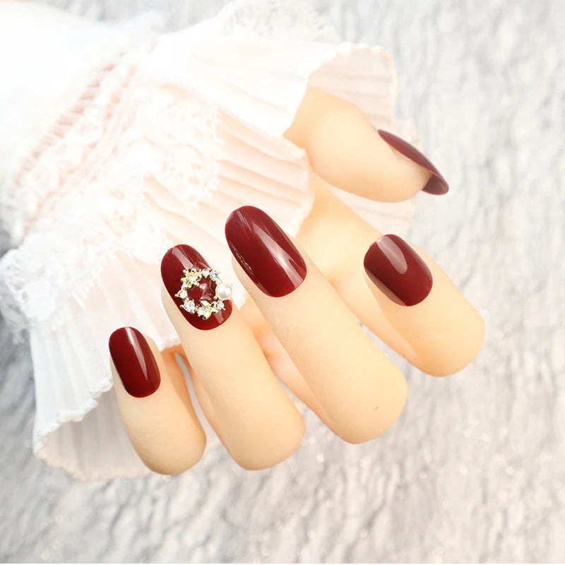 Press-On Nail Set Glossy Red Pearl Accents Pre-Applied Adhesive