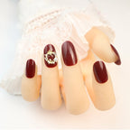 Press-On Nail Set Glossy Red Pearl Accents Pre-Applied Adhesive