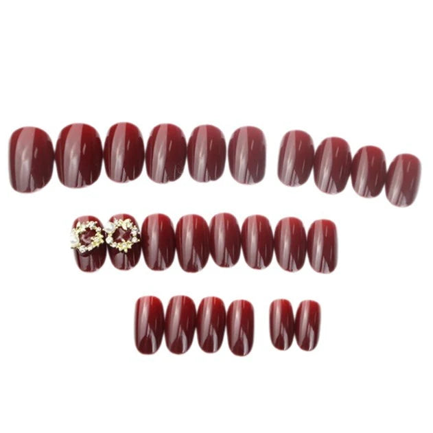 Press-On Nail Set Glossy Red Pearl Accents Pre-Applied Adhesive