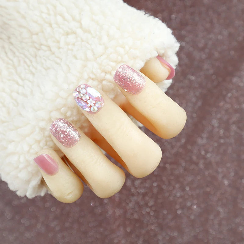 Press-On Nail Set Glossy Rhinestones Chip Resistant