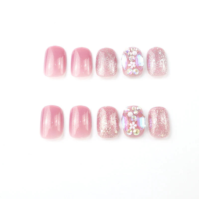 Press-On Nail Set Glossy Rhinestones Chip Resistant