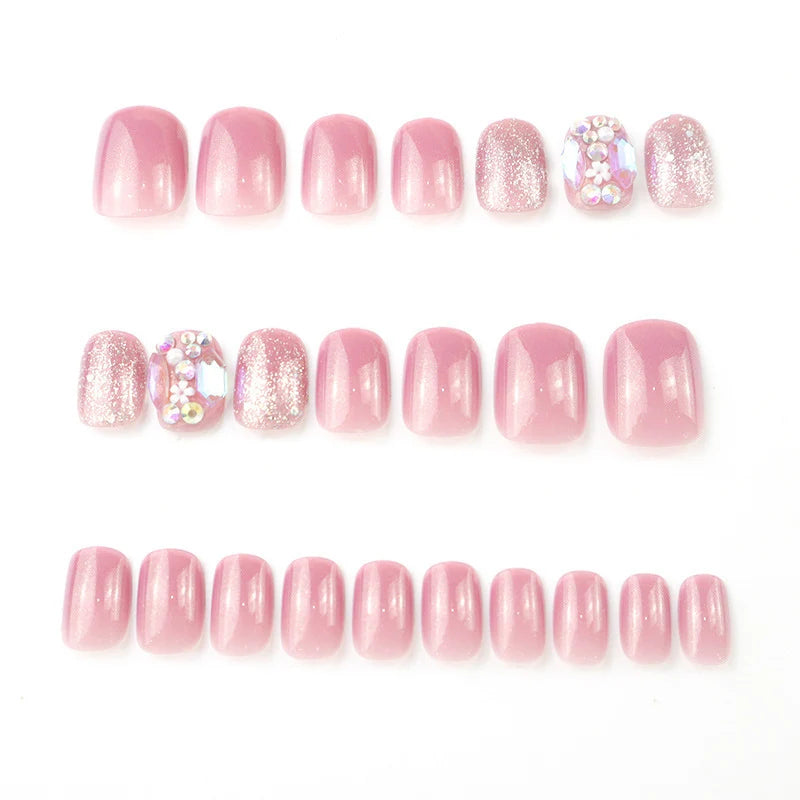 Press-On Nail Set Glossy Rhinestones Chip Resistant