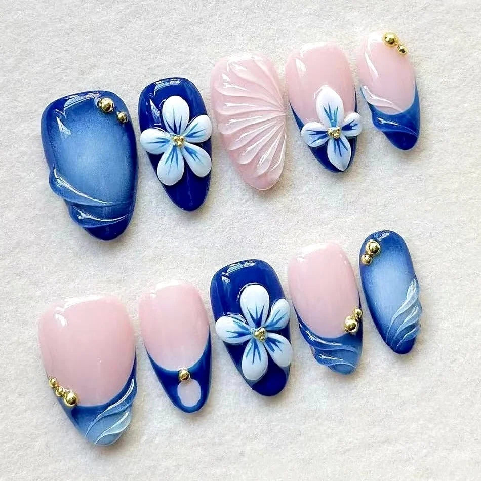 Press-On Nail Set Glue-Free Floral & Jewel Accents