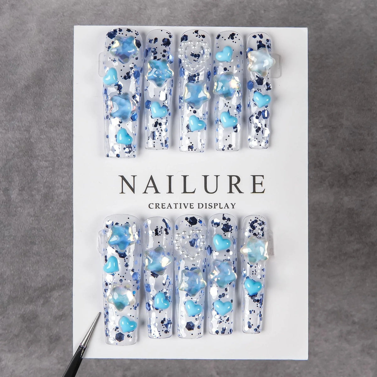 Press-On Nail Set Glue-Free Peacock Blue & Heart Accents