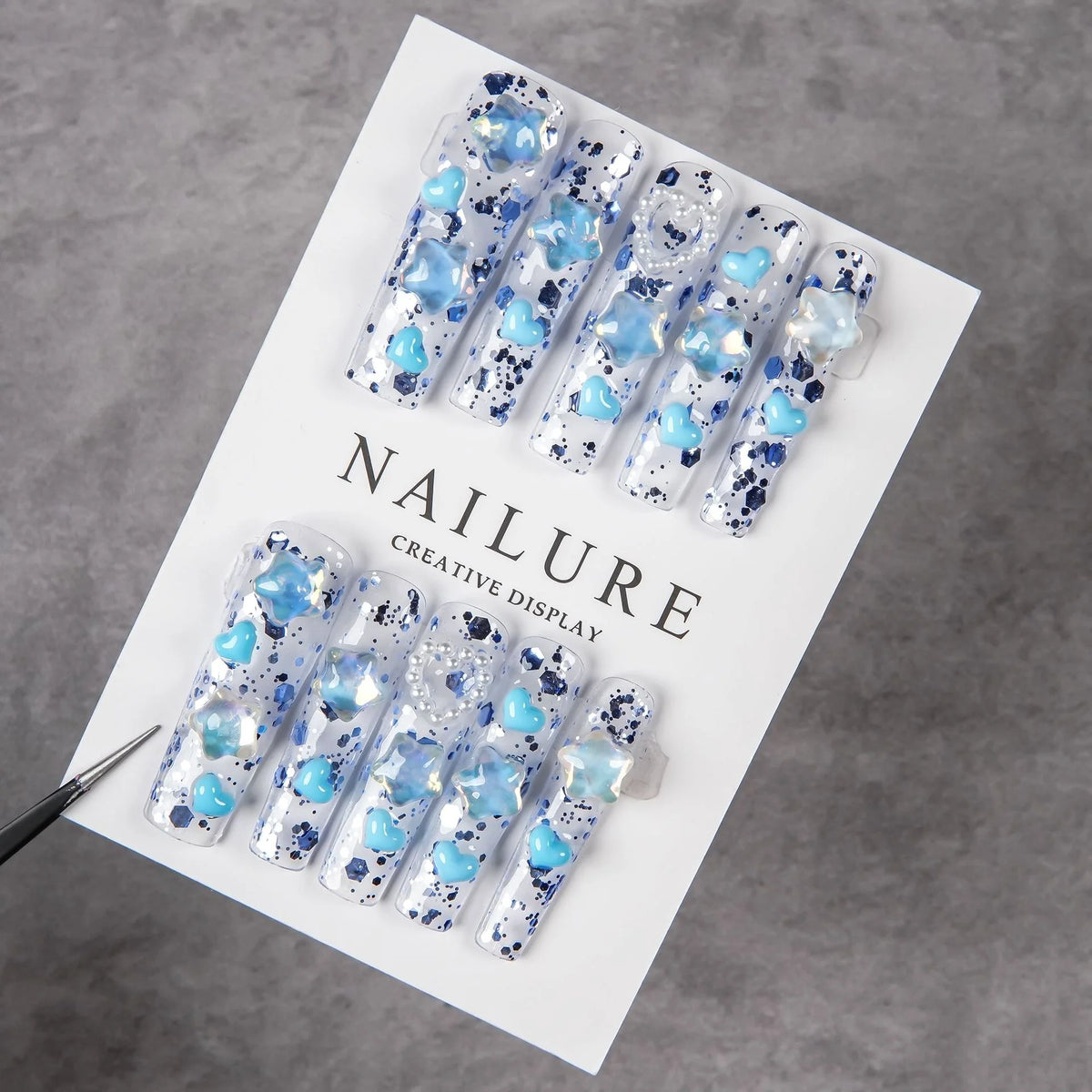 Press-On Nail Set Glue-Free Peacock Blue & Heart Accents