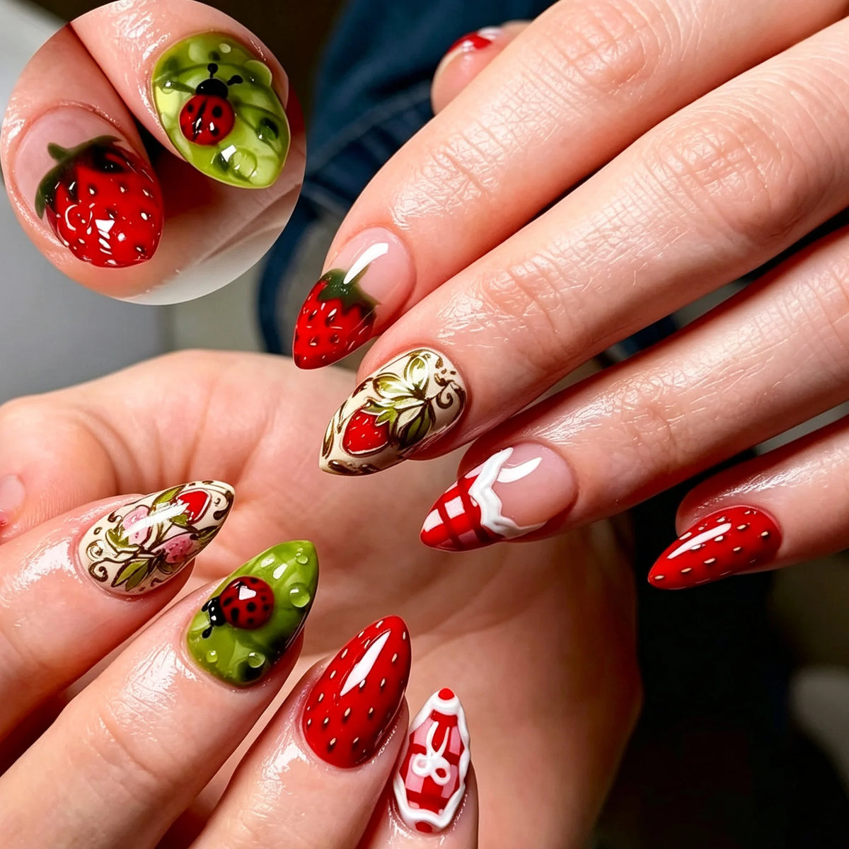 Press-On Nail Set Glue-Free Strawberry Designs