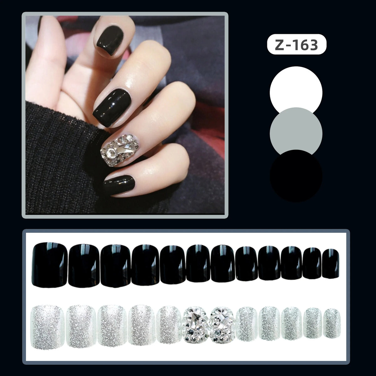 Press-On Nail Set Glue-On Black Gemstone Accents
